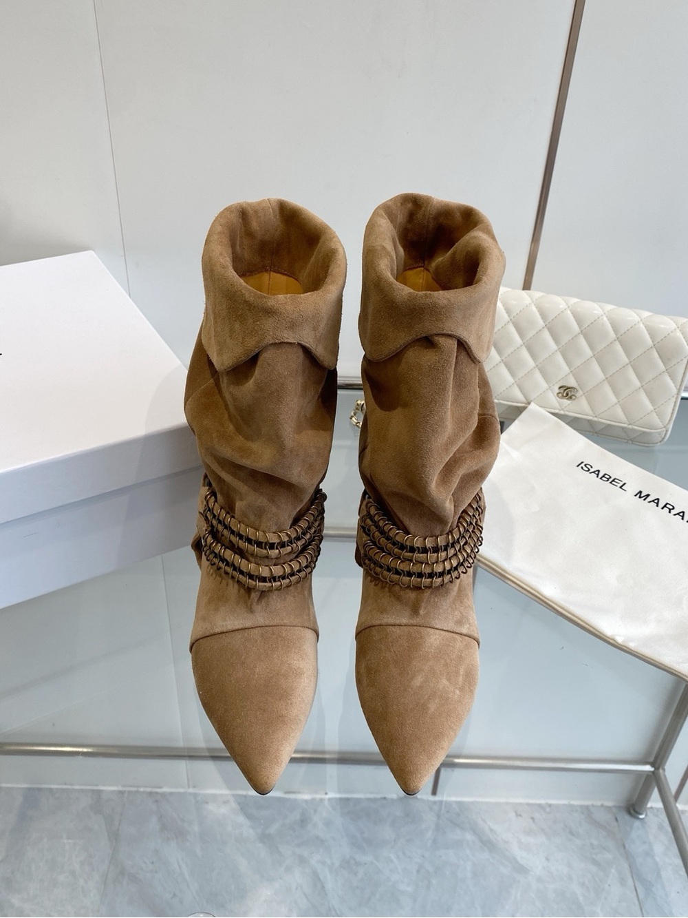 Women's Suede Slouch Ankle Boots with Chain Wrap Accent - Tan